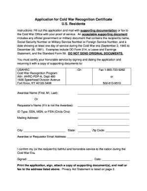 Application for Cold War Recognition Certificate U S Residents  Form