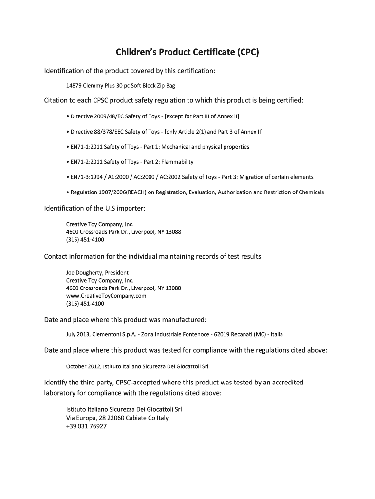 Children's Product Certificate Template  Form