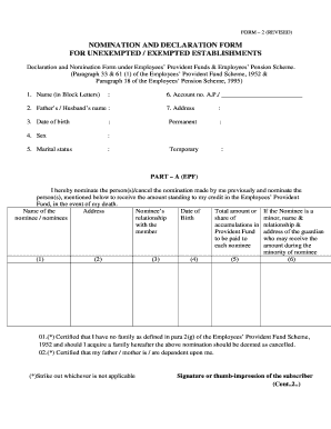 Nomination and Declaration Form for Unexempted Exempted Establishments Sample