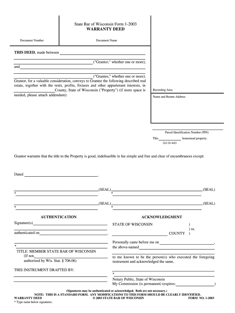 State Bar of Wisconsin Form 1 WARRANTY DEED  Wi Ctic Com