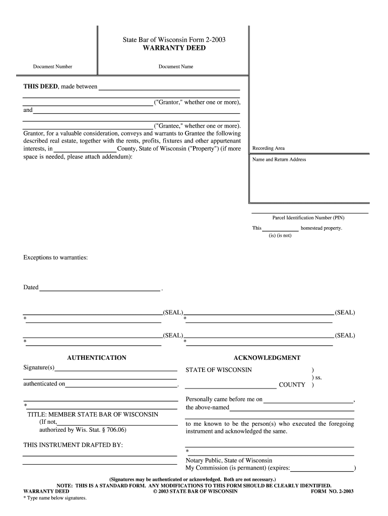 State Bar of Wisconsin Form 2 WARRANTY DEED  Wi Ctic Com