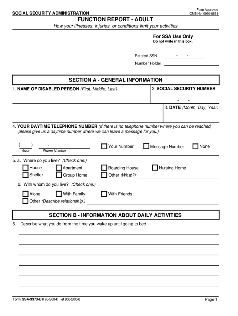 FUNCTION REPORT ADULT Form SSA 3373 BK