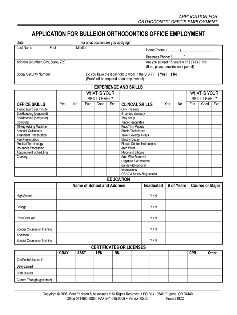 Application for Medical Office Employment Bulleigh Orthodontics  Form