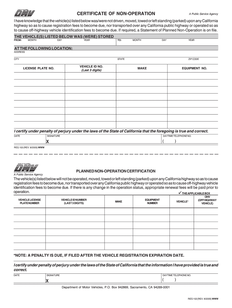  Certificate of Non Operation California 2005-2024