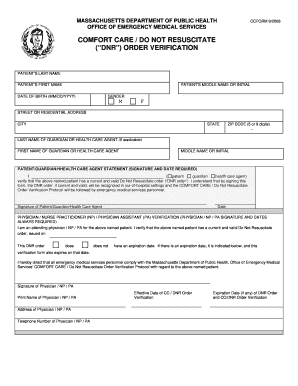 Comfort CareDo Not Resuscitate &quot;DNR&quot; Order Verification Form