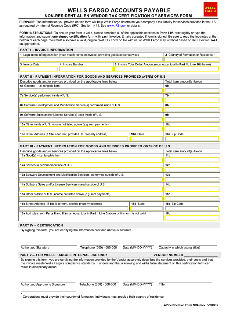 Wells Fargo Non Resident Alien  Form