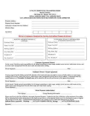 UTILITY SERVICES TRANSFER FORM Beloit the City of Beloit