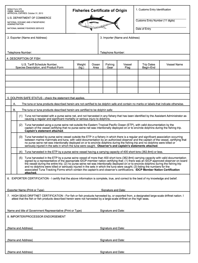  NOAA Form 370 Tuna Fish Certificate of Origin Beacon Fisheries 2013