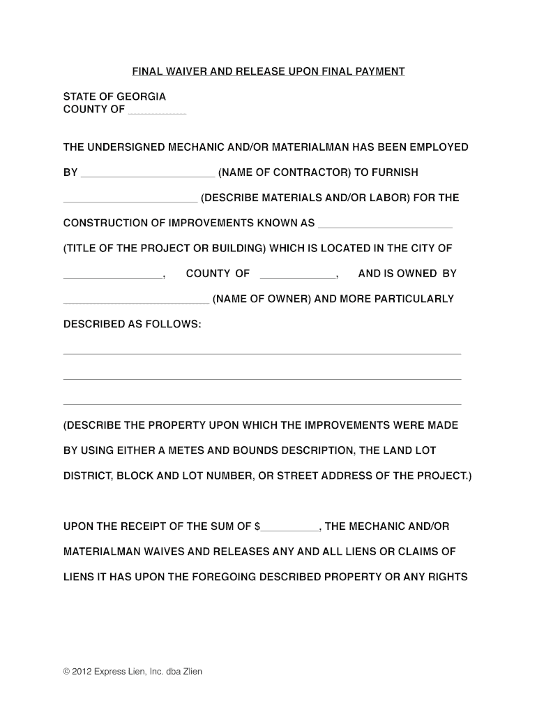 Unconditional Final Lien Waiver Georgia  Form