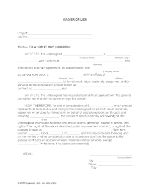 New York Waiver of Lien New York Lien Waiver Form, to Be Used to Get Payment Released on a Project