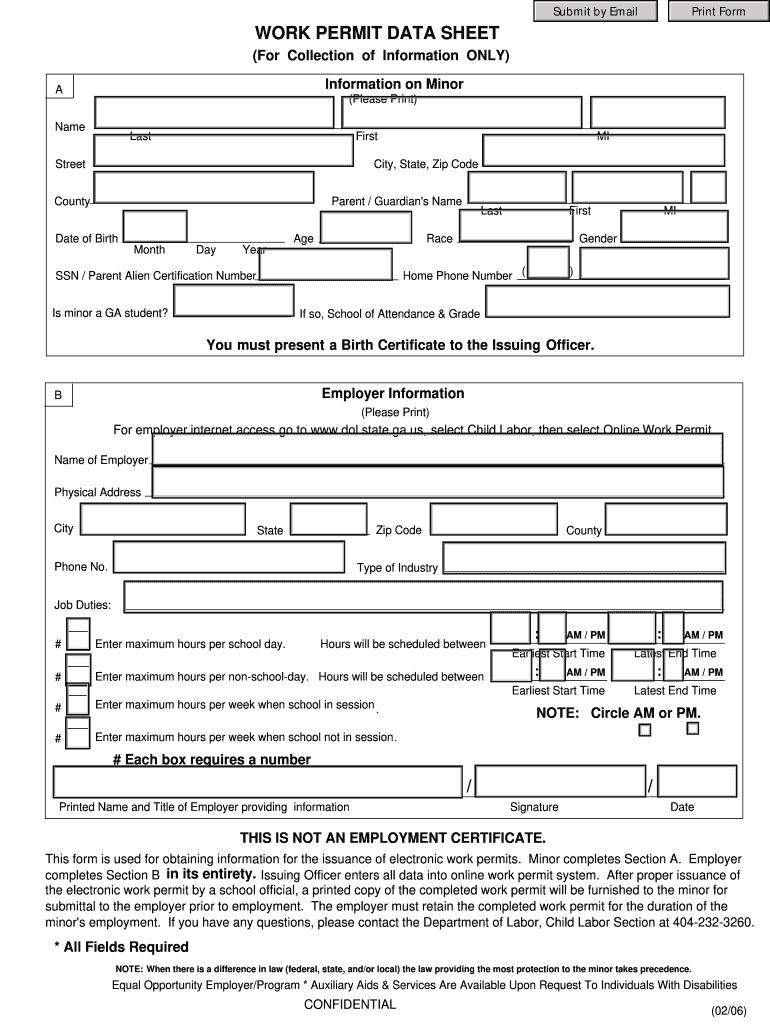 Blank Work Permit Data Sheet  Form