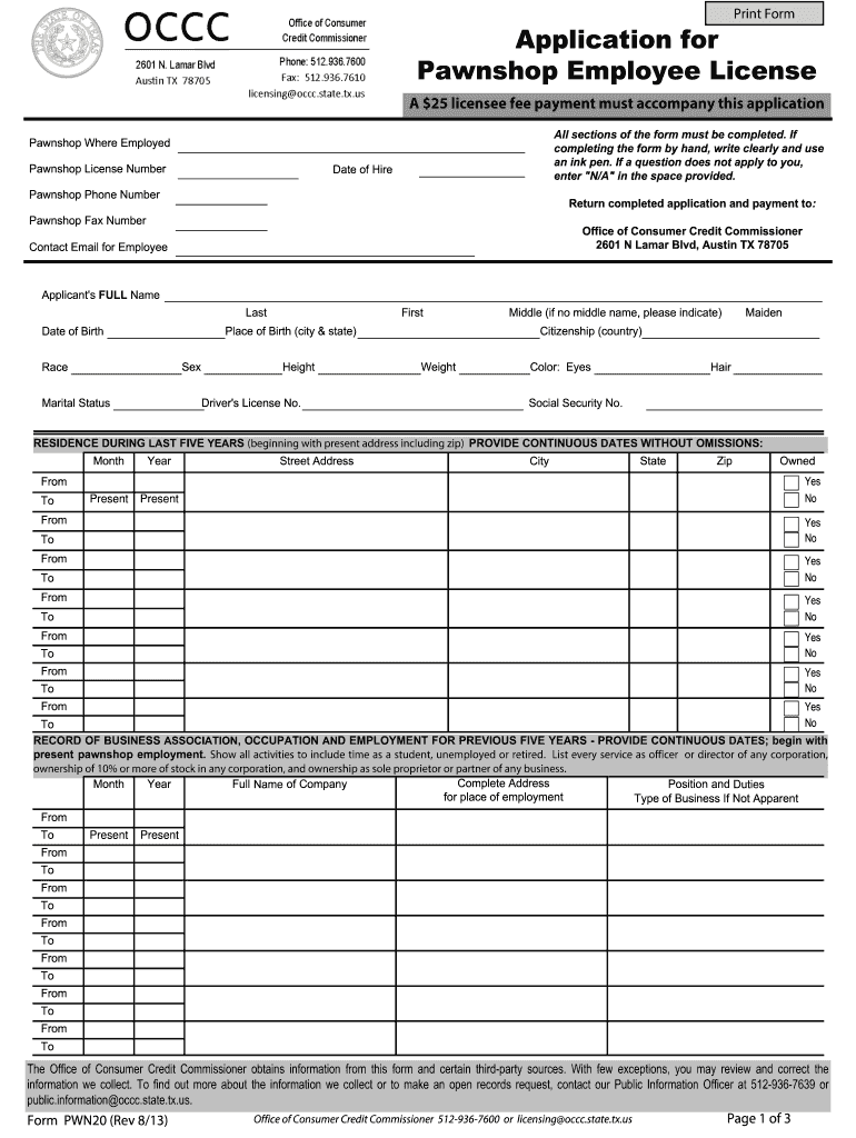 Application for Pawnshop Employee License Office of Consumer Occc State Tx  Form