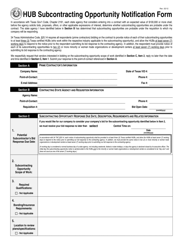  HUB Subcontracting Opportunity Notification Form  Window State Tx 2012