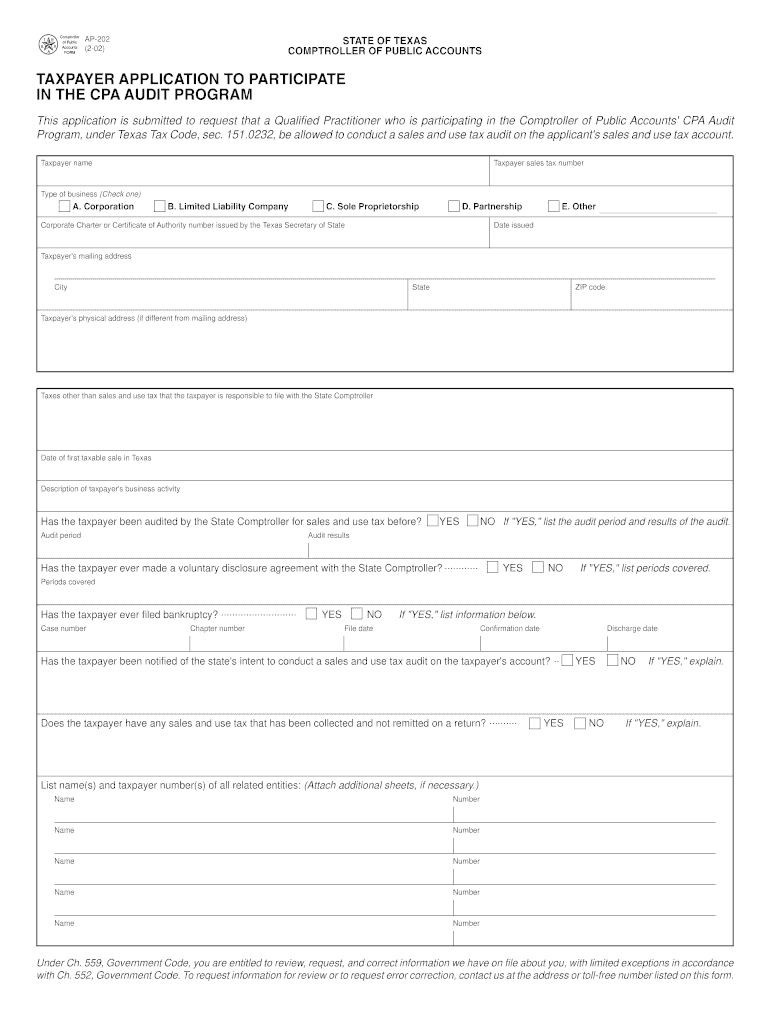 AP 202 Taxpayer Application to Participate in the CPA Audit Program  Window State Tx  Form