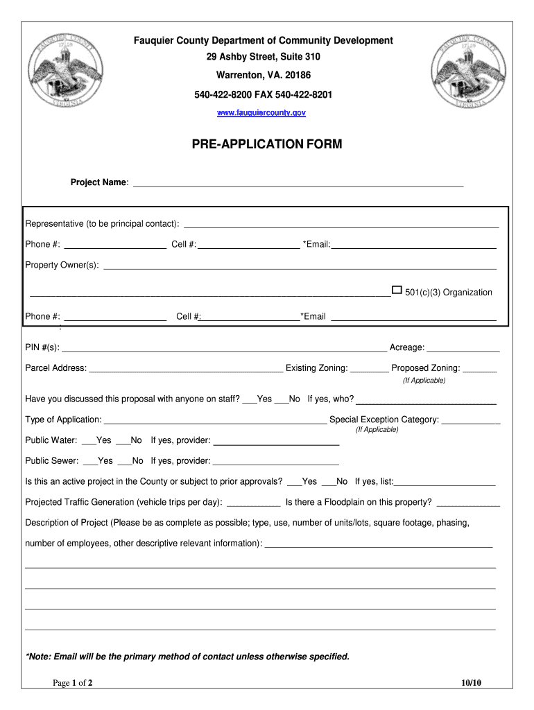  Pre Application Meeting Form  Fauquier County  Fauquiercounty 2010-2024