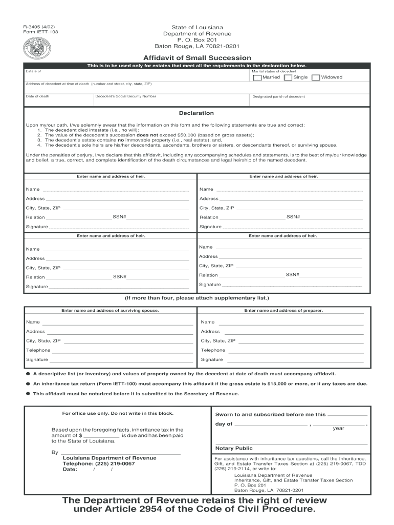  Louisiana Small Succession Affidavit Form 2002-2024