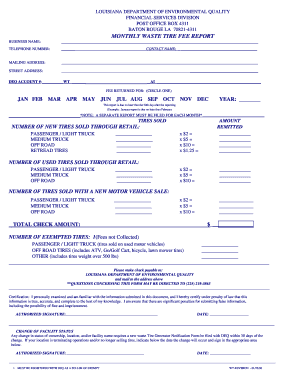 Louisiana Monthly Waste Tire Fee Report  Form