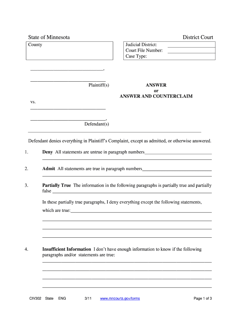  State of Minnesota District Court County Judicial District Court File Number Case Type , Plaintiffs ANSWER or ANSWER and COUNTER 2011-2024