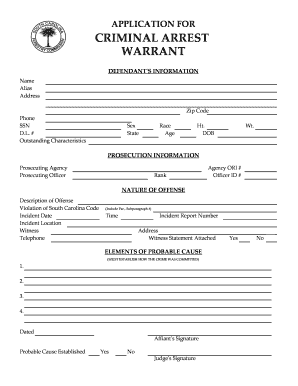 Application for Criminal Arrest Warrant State of South Carolina State Sc  Form