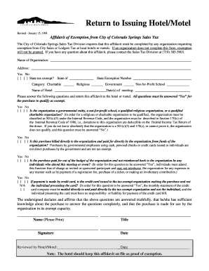 Affidavit of Exemption from City of Colorado Springs Sales Tax  Form