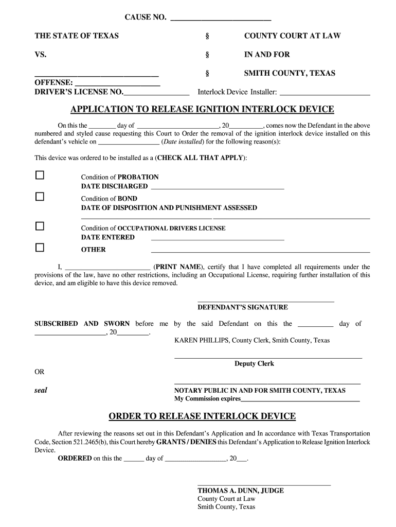 Application to Release Ignition Interlock Device Smith County  Form