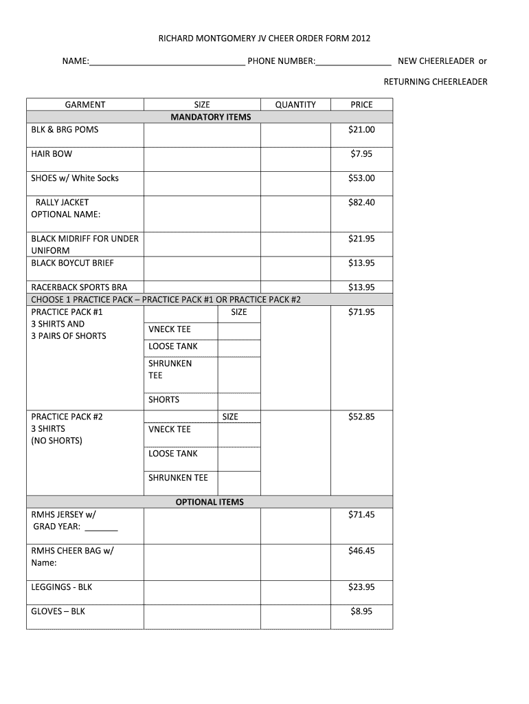  Cheer Order Form 2012-2024