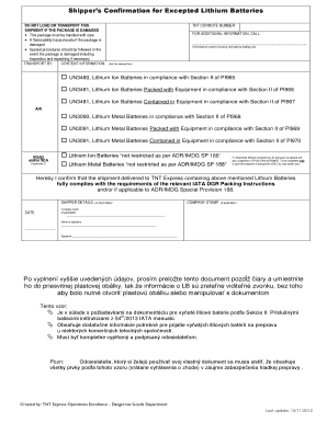 Shippers Confirmation for Excepted Lithium Batteries Form