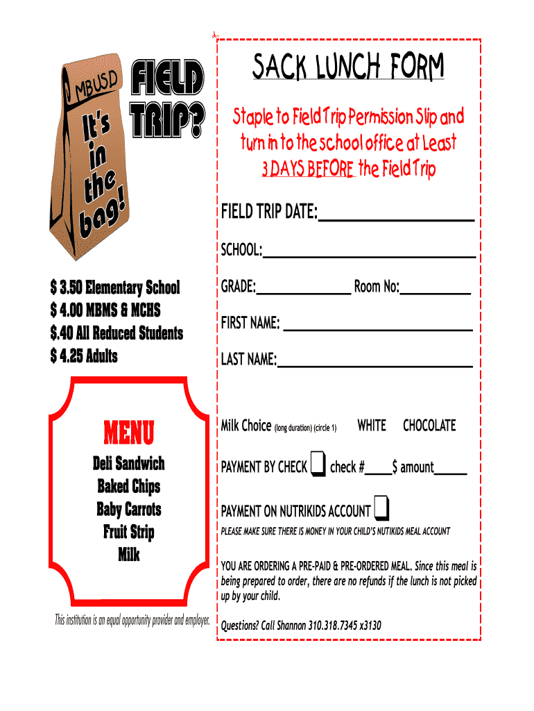 FIELD TRIP Lunch Order Form PDF  School Nutrition and Fitness