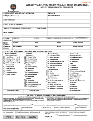 WARRANTY &amp; DELIVERY REPORT for JOHN DEERE CONSTRUCTION, UTILITY  Form