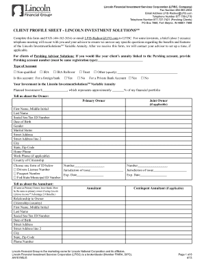 Client Profile Sheet Lincoln Financial Group Fulfillment  Form