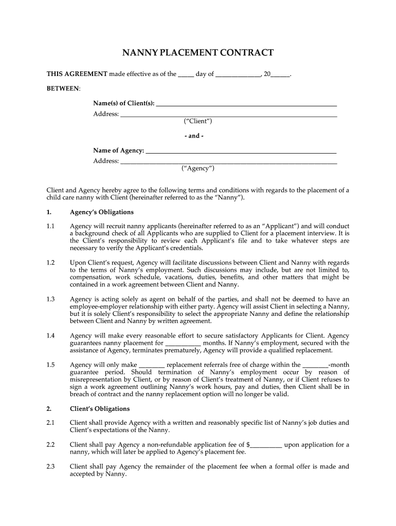 NANNY PLACEMENT CONTRACT  MegaDoxcom  Form