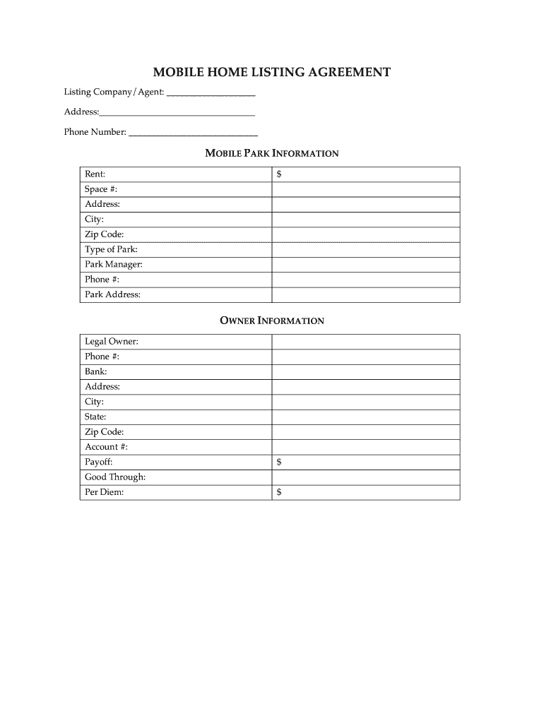 Mobile Home Listing Agreement  Form