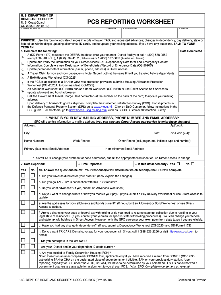  PCS REPORTING WORKSHEET U S Coast Guard Uscg 2010