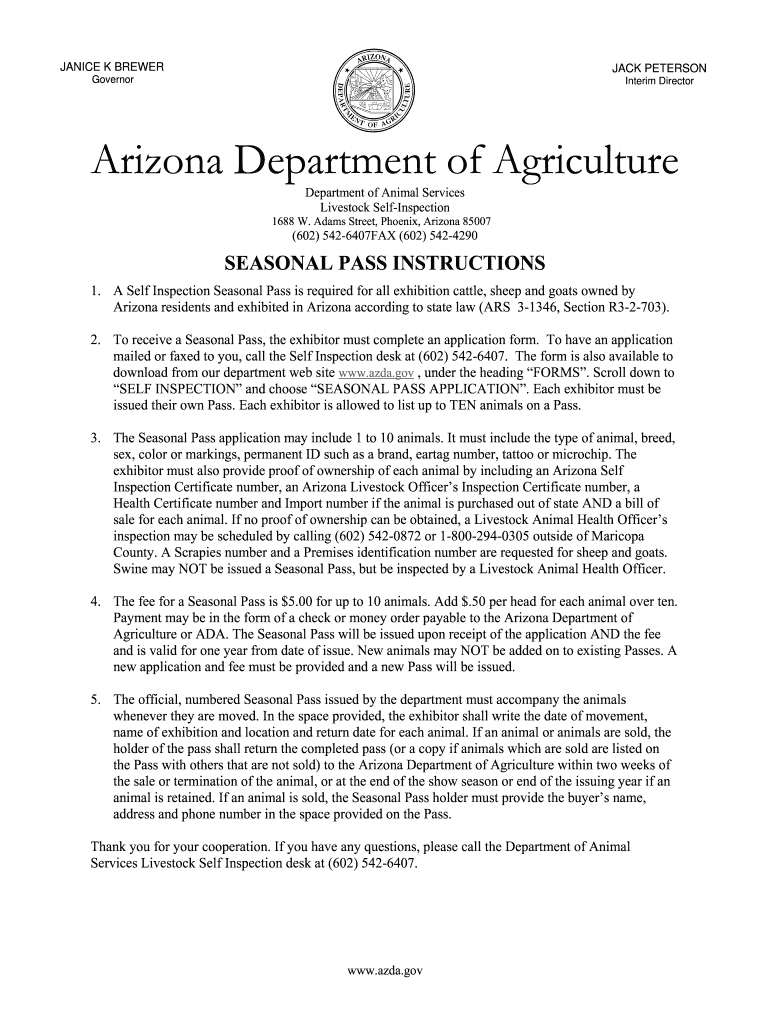 Arizona Department of Agriculture Seasonal Pass  Form