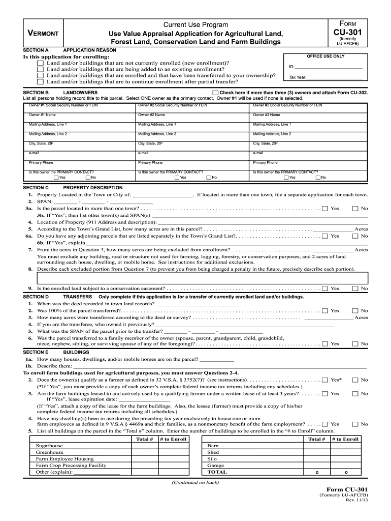  Current Use Program, Form CU 301 Formerly LU    Vermont Gov  State Vt 2013