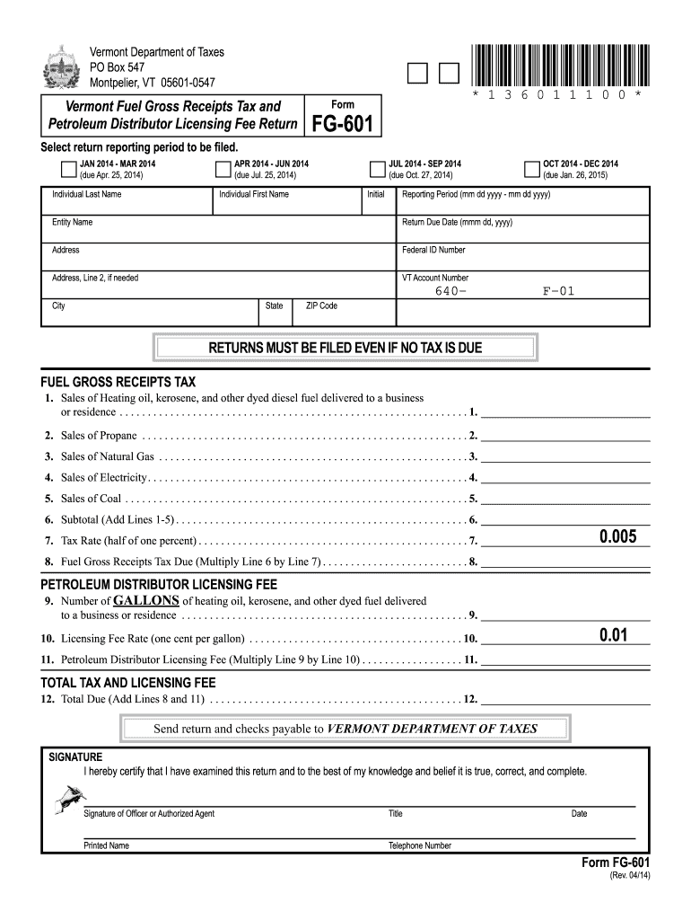  Vermont Fg 601 PDF  Form 2014