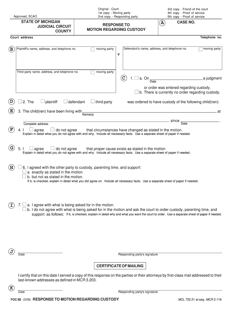 Get and Sign Responding to a Motion Regarding Parenting TimeMichigan Legal 2009 Form