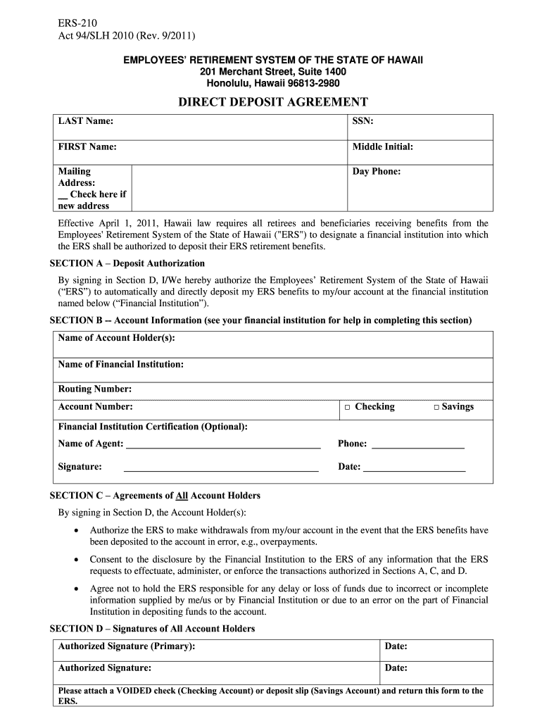  First Hawaiian Bank Direct Deposit Form 2011-2024