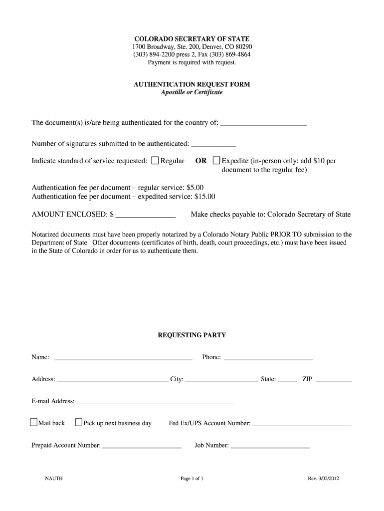  Authentication Request Form  Colorado Secretary of State  Sos State Co 2012