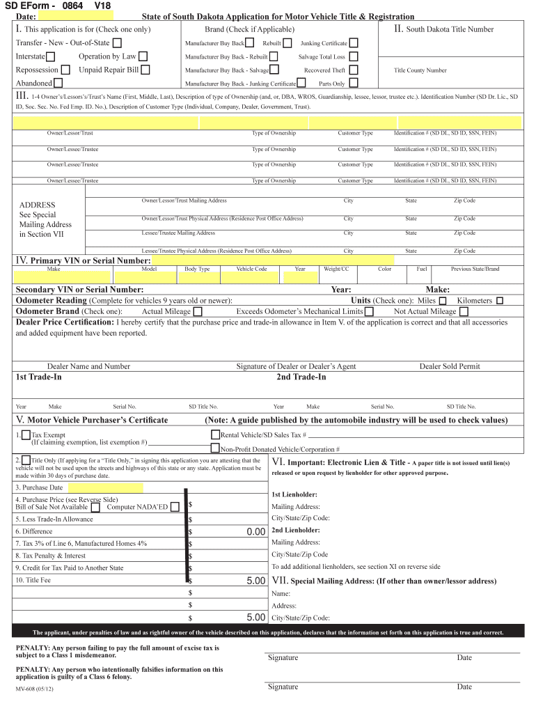  South Dakota Mv608 2012-2024