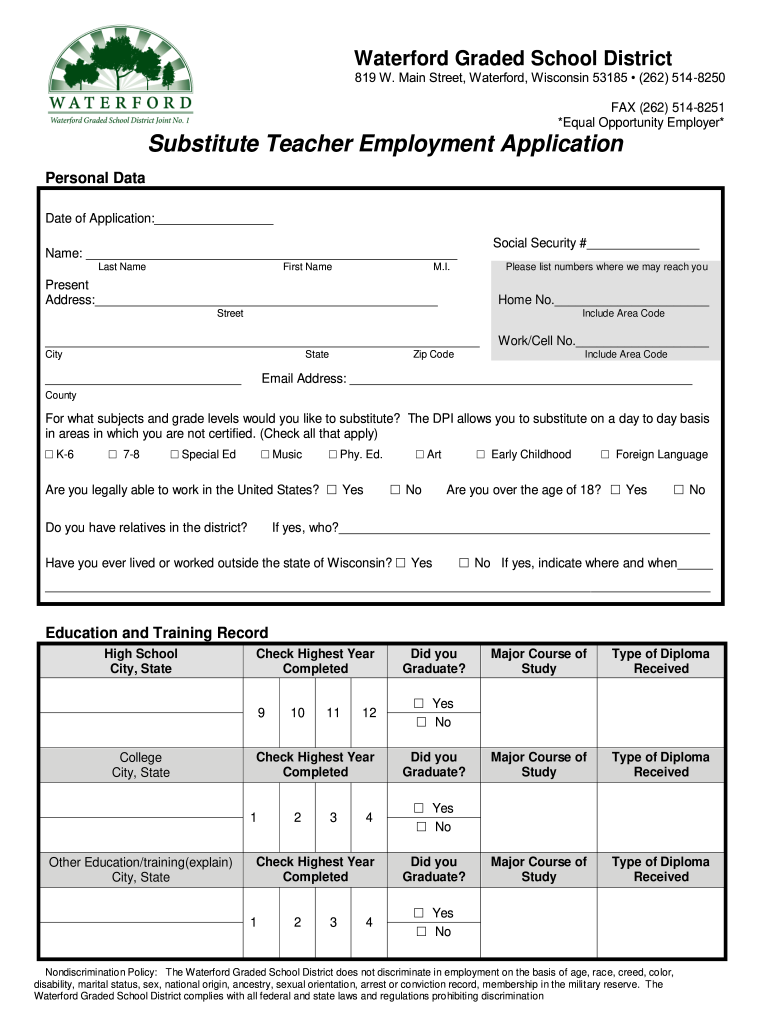 Substitute Teacher Application Waterford Graded School District Waterford K12 Wi  Form