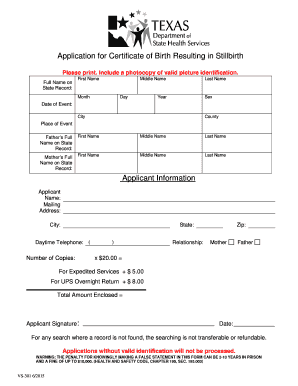 Stillborn Certificate Form