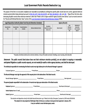 Local Government Public Records Destruction Log Sos Wa  Form