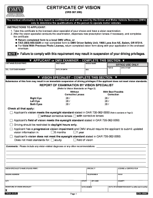 CERTIFICATE of VISION Oregon Department of Transportation Odot State or  Form