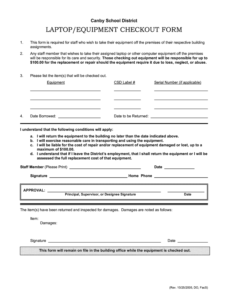  Employee Equipment Checkout Form 2005