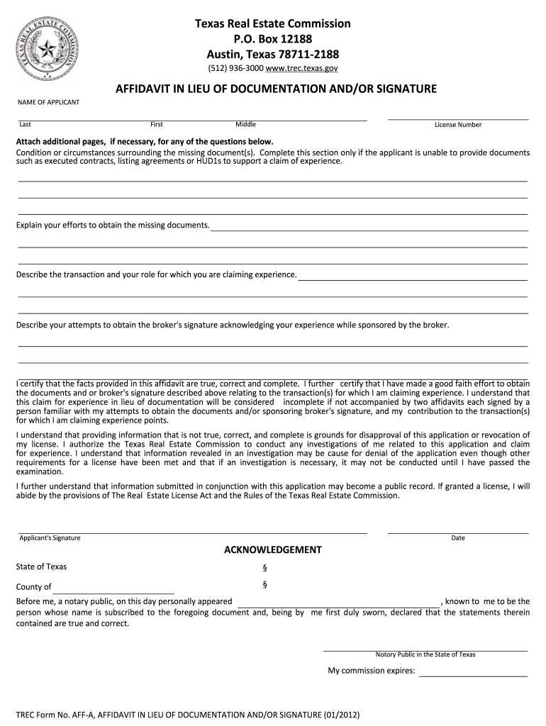  TREC Form No AFF A, AFFIDAVIT in LIEU of DOCUMENTATION ANDOR SIGNATURE 01  Trec Texas 2012-2024