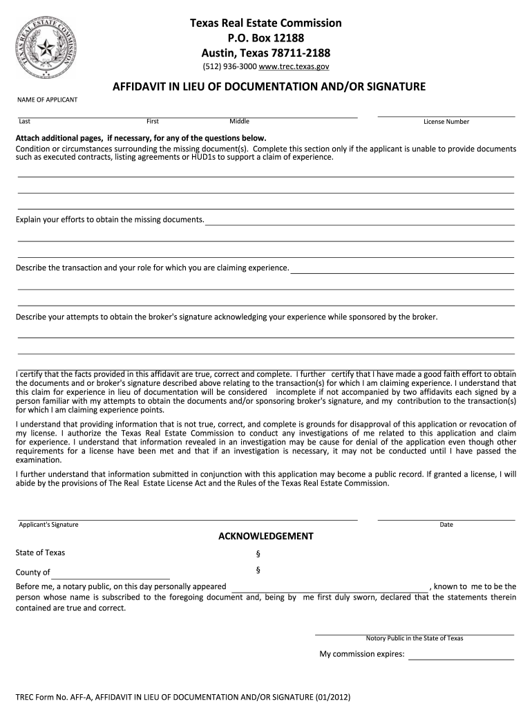 TREC Form No AFF A, AFFIDAVIT in LIEU of DOCUMENTATION ANDOR SIGNATURE 01 Trec Texas 2012-2025