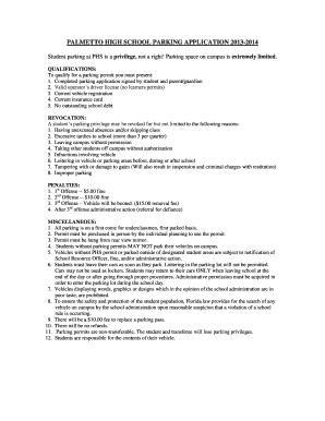 PALMETTO HIGH SCHOOL PARKING APPLICATION Manatee K12 Fl  Form