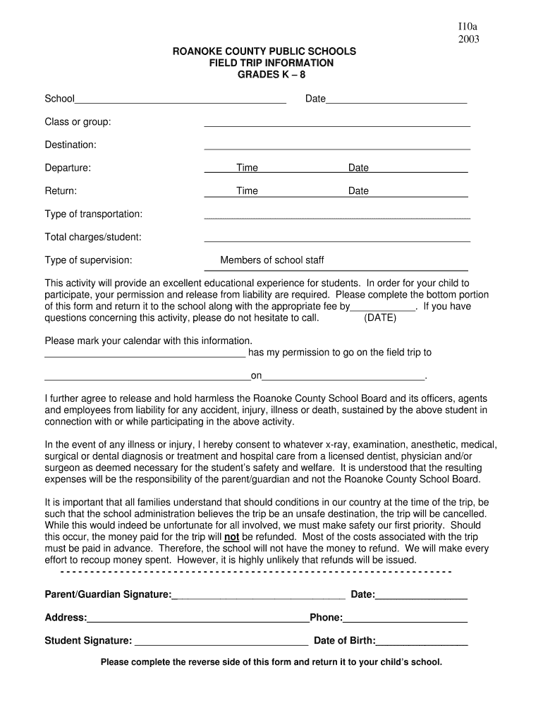  Field Trip Permission Form Roanoke County Public Schools 2003-2023