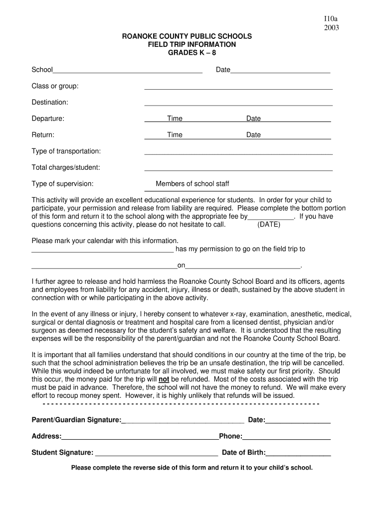  Field Trip Permission Form Roanoke County Public Schools 2003-2024